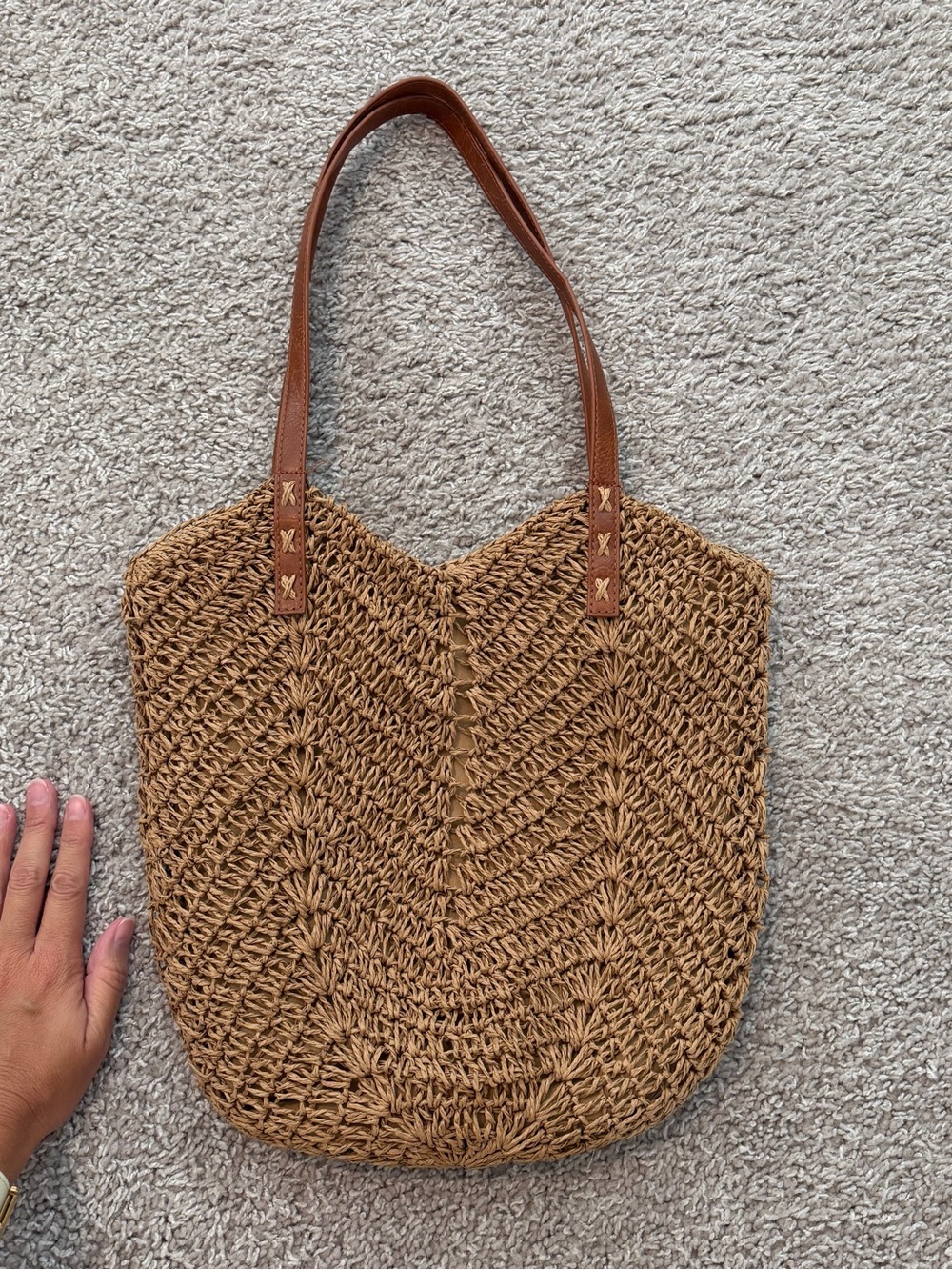 Woven Straw Tote Bag with Brown Handles
